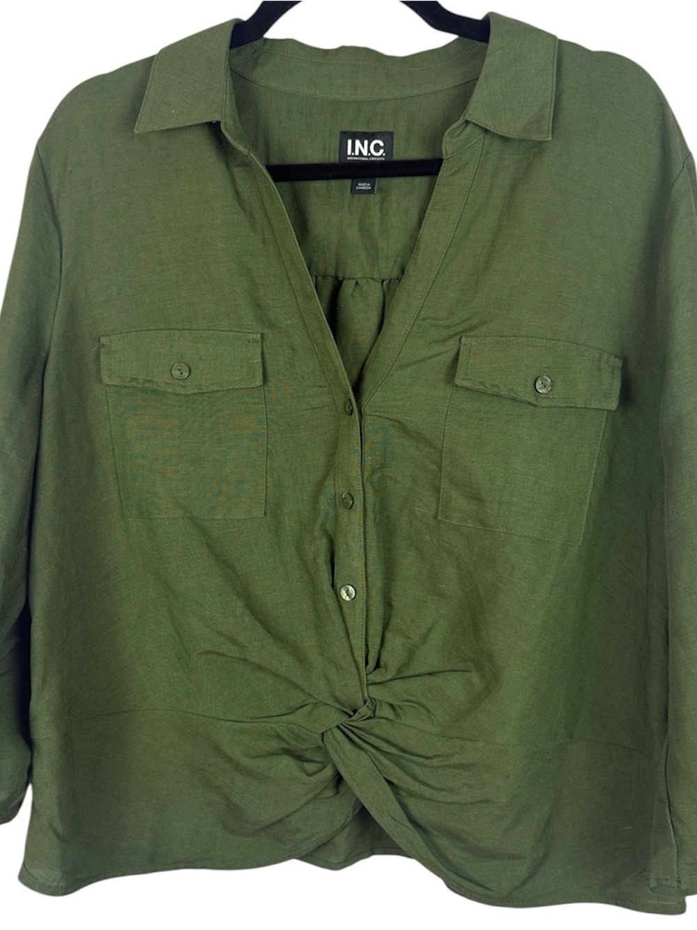 INC International Concepts Olive Green Linen Blend Twist Front Blouse